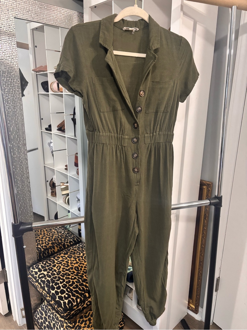 Rebellion Olive Green Short-Sleeve Button-Front Utility Jumpsuit